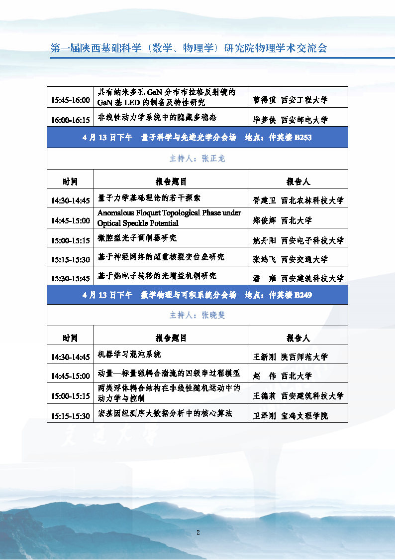 第一届陕西基础科学数学物理学研究院物理学术交流会会议日程安排